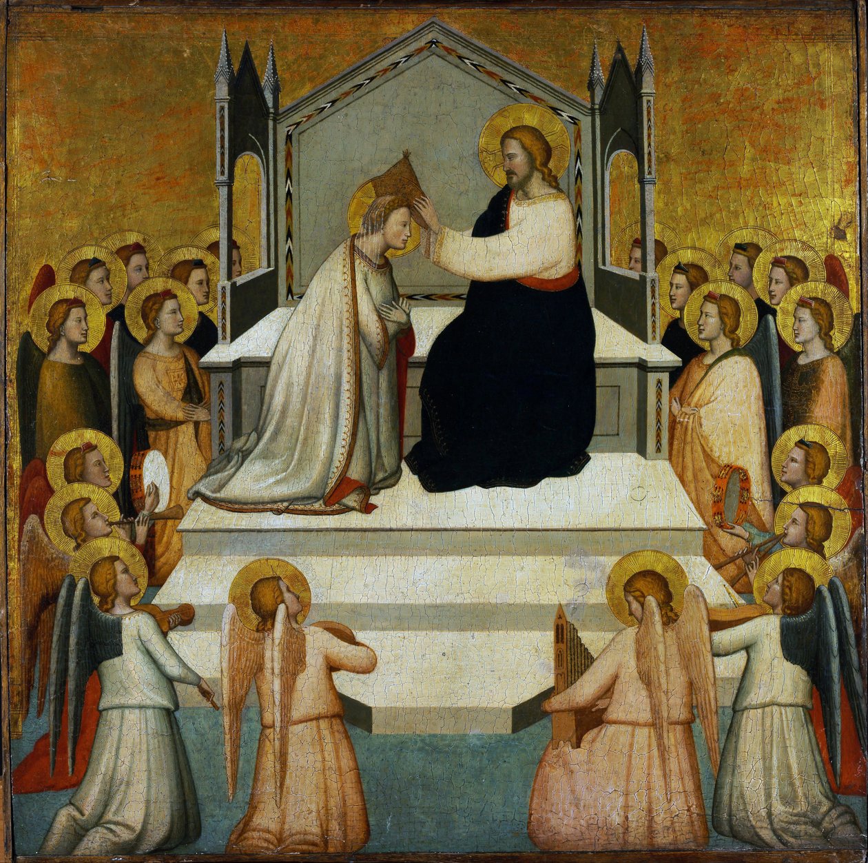 Szűzanya koronázása - Szűzanya koronázása - Maso di Banco (?-1348) - 1335-1340 - Tempera panelen - 51,2x51,7 - Szepmuveszeti Múzeum, Budapest alkotó: Maso di Banco