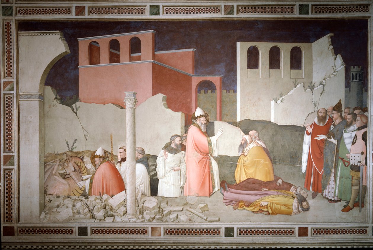 A szilveszter epizódjai: I. Szent Szilveszter pápa (Silveszter vagy Silvestro) (314-335) bezárja a sárkány száját (balra), és a sárkány leheletével feléleszt két varázsteraszt (I. Szilveszter pápa elfordítja a sárkányt és feléleszt áldozatai) – Fre alkotó: Maso di Banco