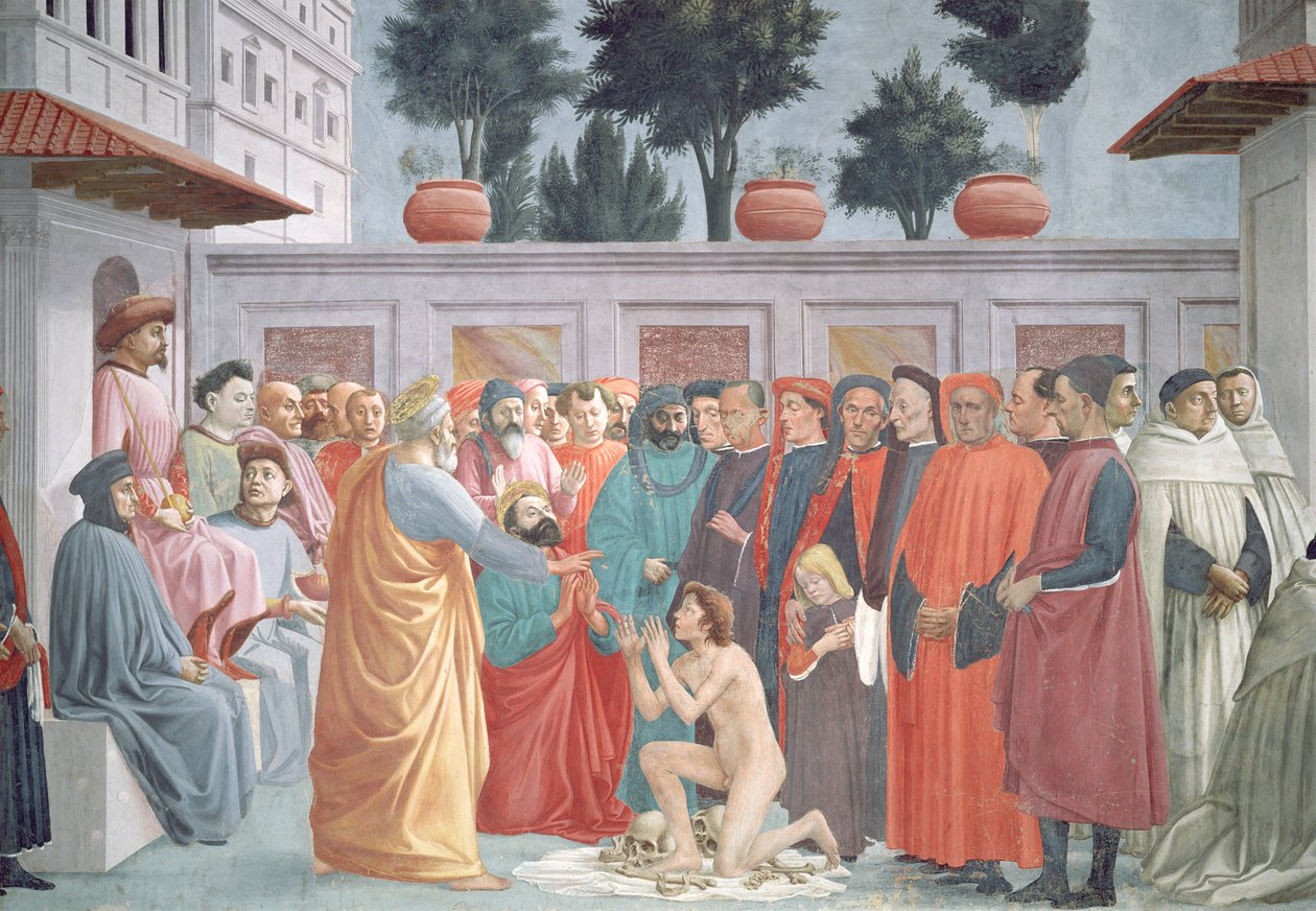 Theophilus, Antiochia királya fiának feltámadása a kápolna bal alsó regiszteréből, 1425-27 körül, 1484-85 (63302 részlet) alkotó: Filippino Lippi