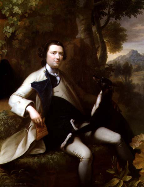 Francis Popham (†1780) erdős tájon ül agárjával (olaj, vászon) alkotó: Mason Chamberlain