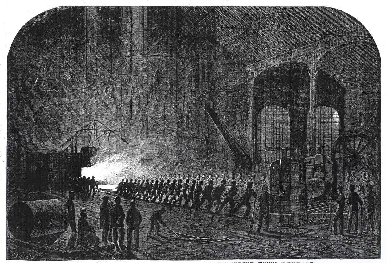 Páncéllemezek hengerelésének folyamata Őfelsége hajóihoz a sheffieldi Alas Steelworksben, illusztráció a „The Illustrated London News”-ból, 1861. szeptember 14. alkotó: Mason Jackson