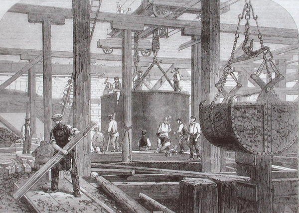 A londoni, chathami és doveri vasút Blackfriars hídjánál zajló építési munkák képe, amely az egyik kör alakú kőmóló hengerének süllyedését mutatja alkotó: Mason Jackson