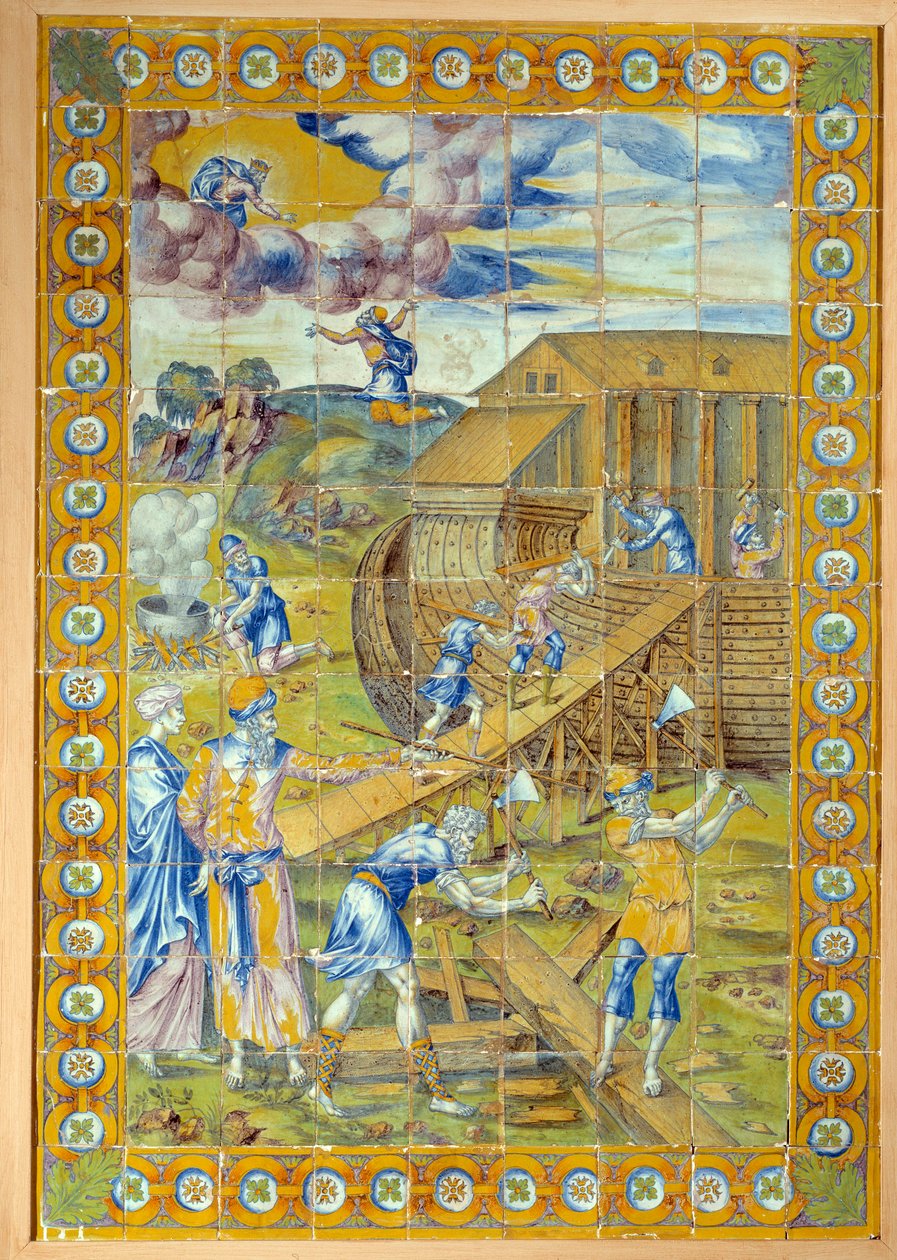 Noe bárkájának építése. Az özönvíz 3 epizódját ábrázoló triptichon bal oldali panelje. Masseot Abaquesne kerámiája (1526 körül – 1564 előtt ismerték) alkotó: Masseot Abaquesne