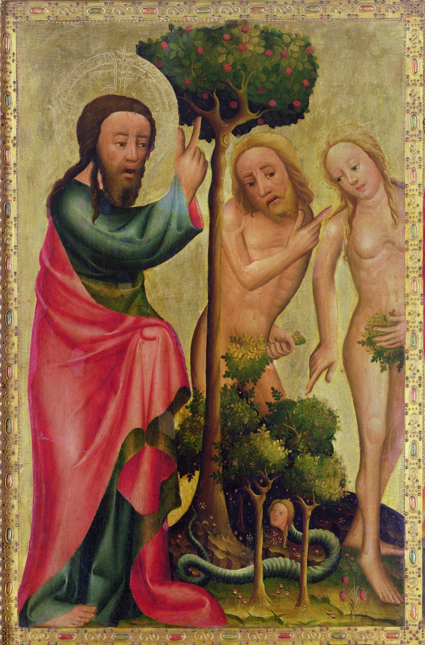 Isten, az Atya megbünteti Ádámot és Évát, részlet a Grabow-oltárképből, 1379-83 (tempera a panelen) alkotó: Master Bertram of Minden