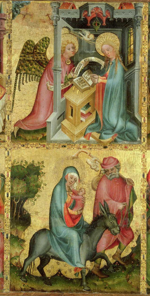 Az Angyali üdvözlet és a repülés Egyiptomba, a Buxtehude-oltártól, 1400-10 (tempera a panelen) alkotó: Master Bertram of Minden