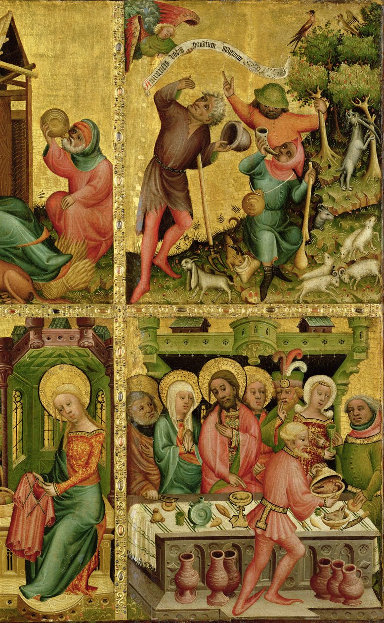 Angyali üdvözlet a pásztoroknak és a házasságkötés Kánában, a Buxtehude-oltár jobb szárnyából, 1400-10 (tempera tölgyen) alkotó: Master Bertram of Minden