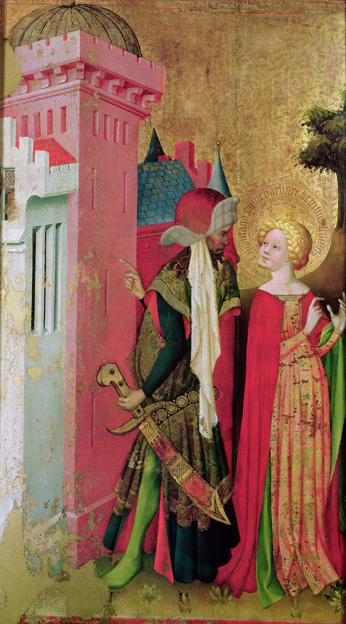 Apja által toronyba zárt Szent Borbála a Szent Borbála-oltárról (tempera és olaj, tábla) alkotó: Master Francke