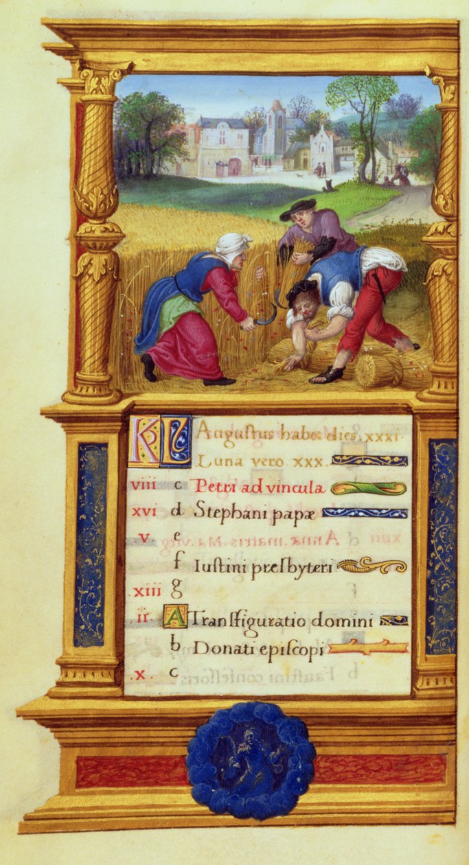 MS W.449 fol.9v Augusztus Búza aratása, 1525 körül alkotó: Master Jean de Mauleon