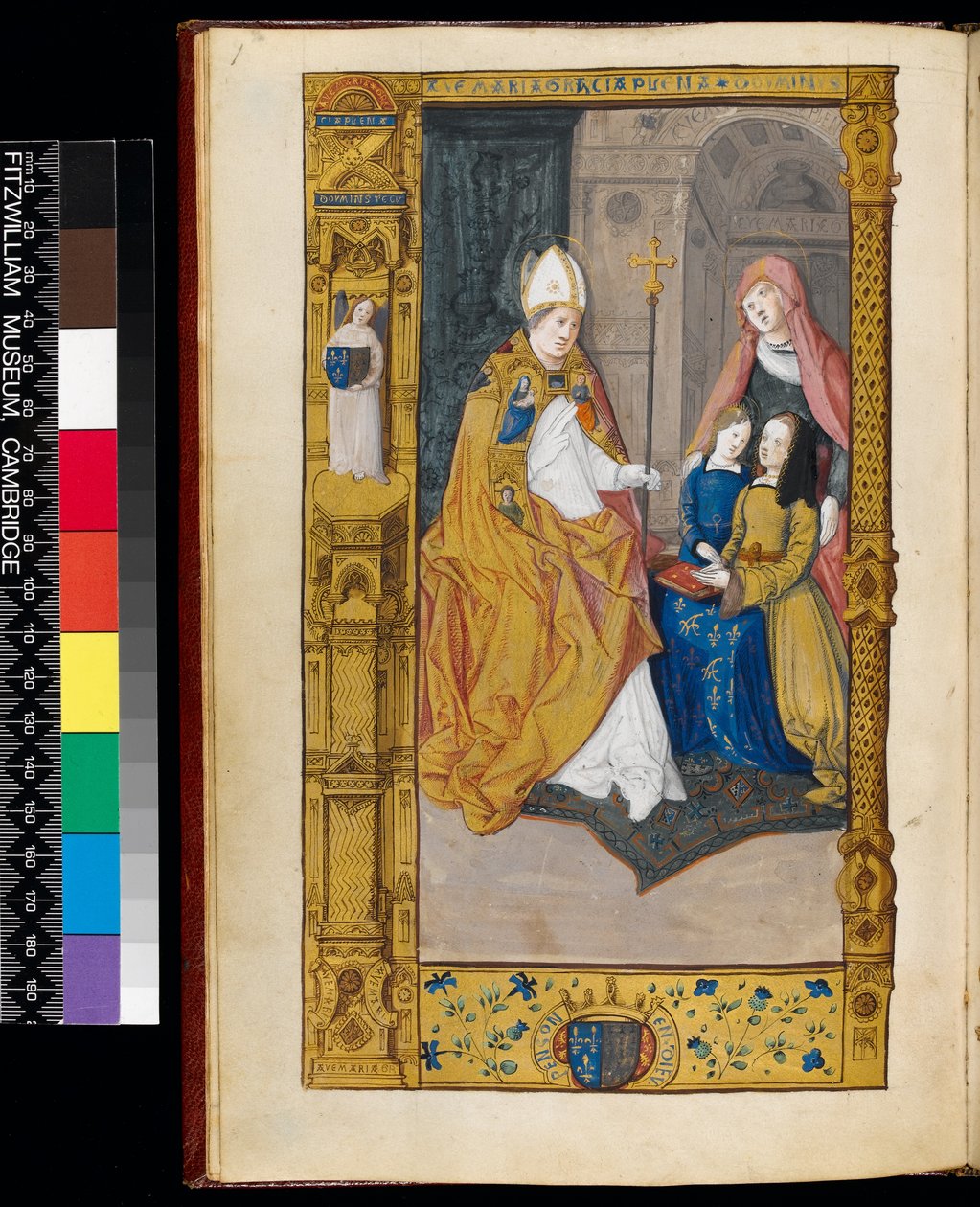 Ms 159, fol 2v Anne of Bretagne, bemutatva St Claude-nak, „The Primer of Claude de France”-ból (tinta és aranyfesték pergamenen) alkotó: Master of Antoine de Roche
