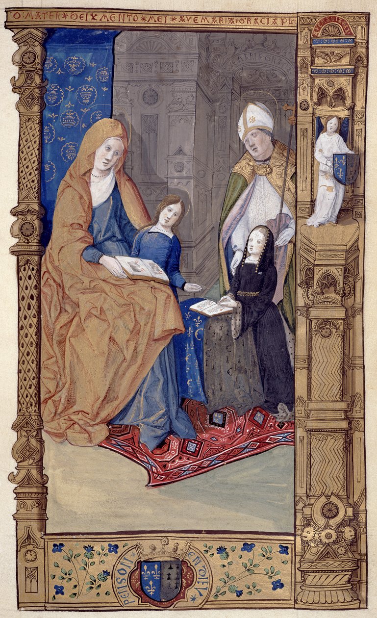 Ms.159.p14 St. Claude egy térdelő lányt ajándékoz Szent Annának és a Szűzanyának, The Primer of Claude de France, 1500-10 körül (tinta és aranyfesték pergamenen) alkotó: Master of Antoine de Roche