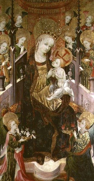 Madonna és gyermeke trónoló angyalokkal körülvéve, egy triptichon központi táblája, 1400-30 (lásd még: 232817) alkotó: Master of Burgo de Osma