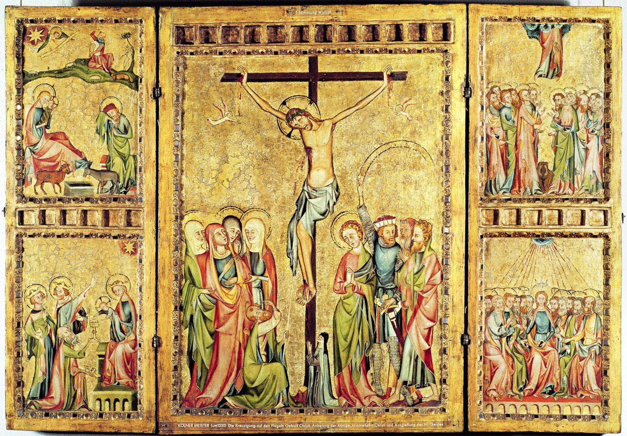 Oltárkép a keresztre feszítéssel a középső panelen és jelenetek Krisztus életéből az oldallapokon, 1330 körül (panel) alkotó: Master of Cologne