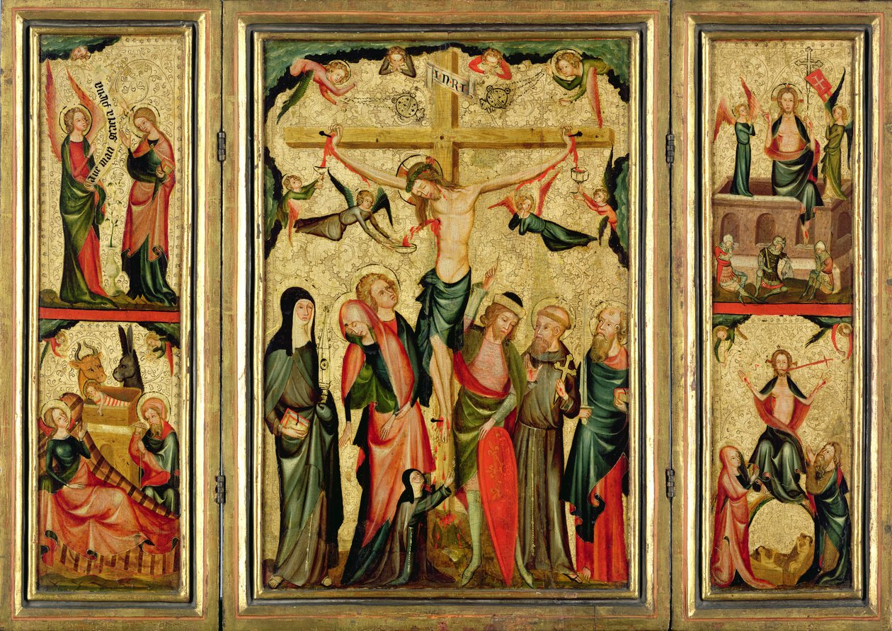 Triptichon, amely Krisztus keresztre feszítését ábrázolja, 1350 körül (tempera és aranylevél a táblán) (lásd még: 182372) alkotó: Master of Cologne