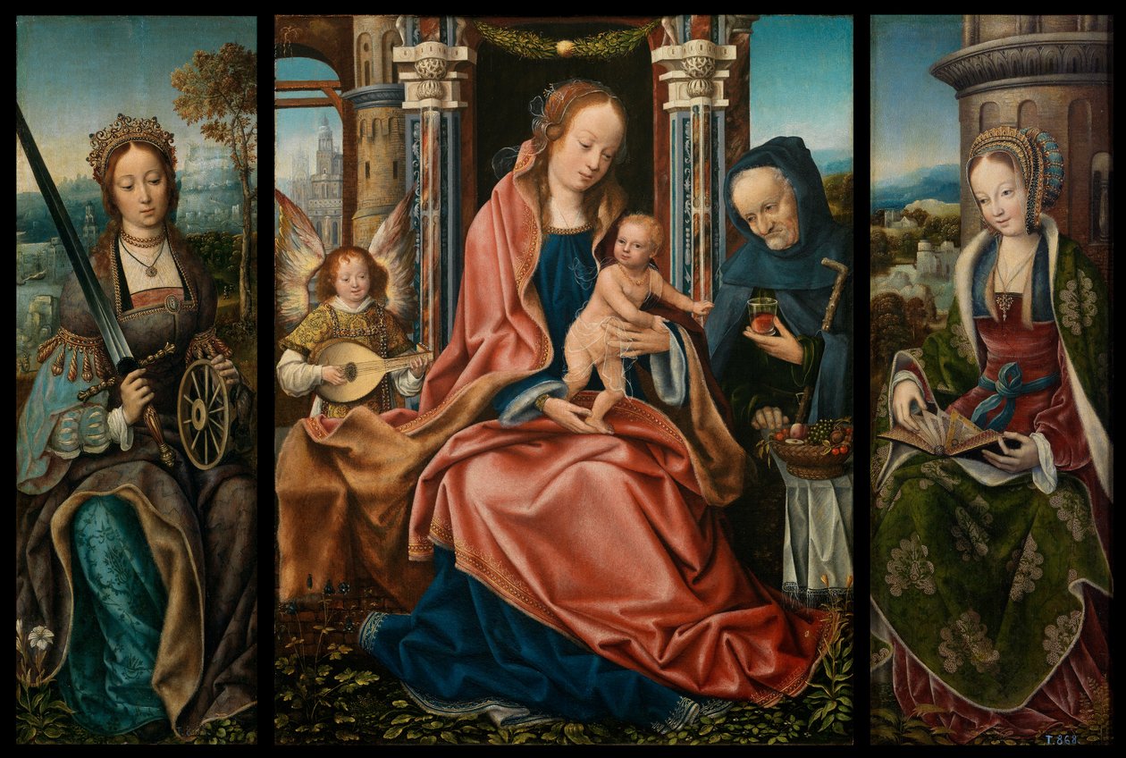 Szent Család zenész angyal, Alexandriai Szent Katalin, Szent Borbála alkotó: Master of Frankfurt