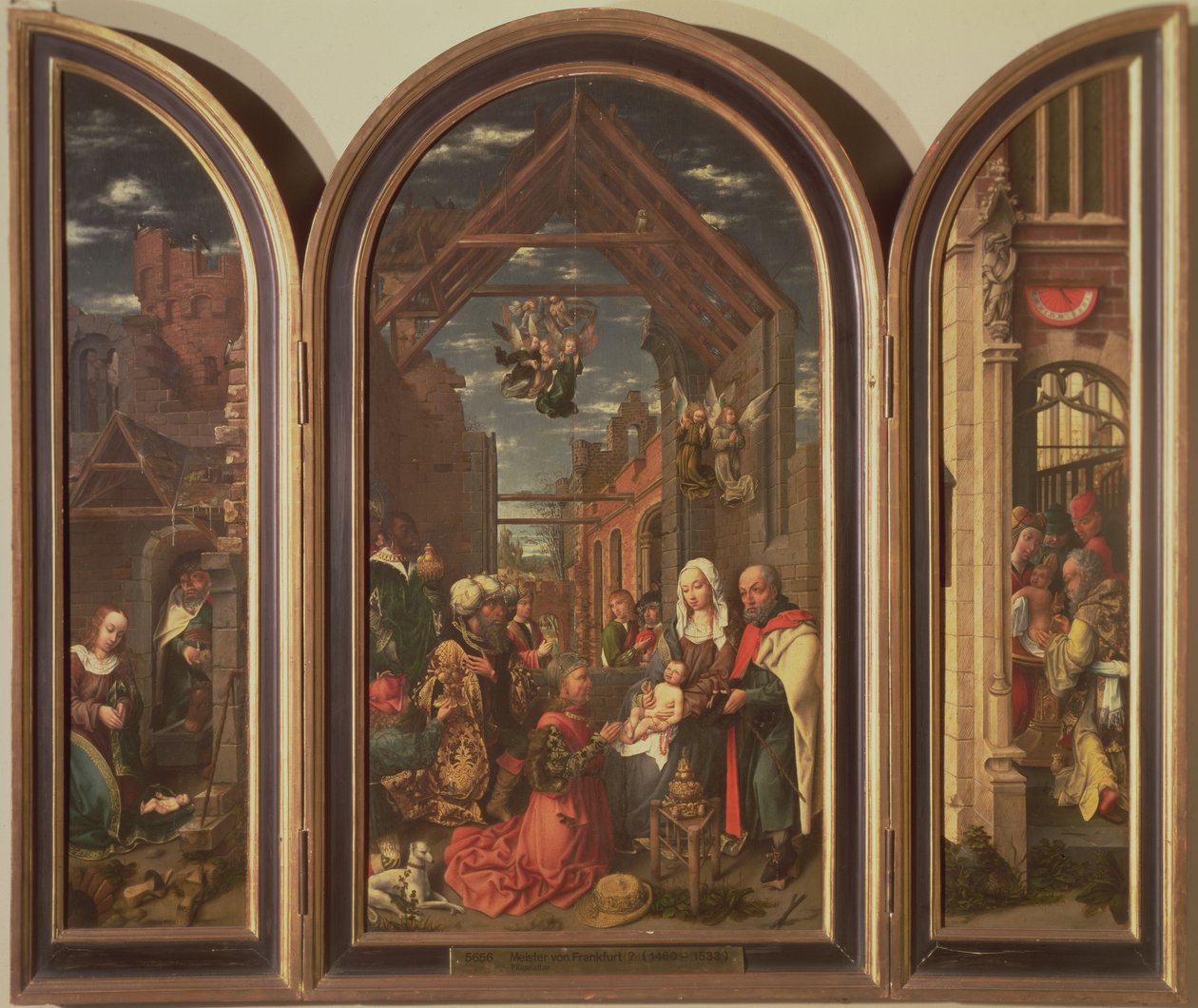 Triptichon, amely a Mágusok imádását (középen), a Születést (balra) és a körülmetélést (jobbra) ábrázolja, 1512 körül (panel) alkotó: Master of Frankfurt