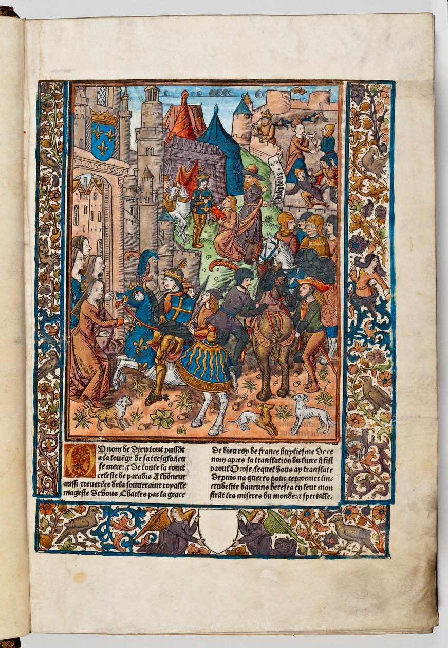 Verard nyomdász bemutatja könyvét VIII. Károly francia királynak, 1492 (kézi színezésű nyomat) alkotó: Jacques de Besancon