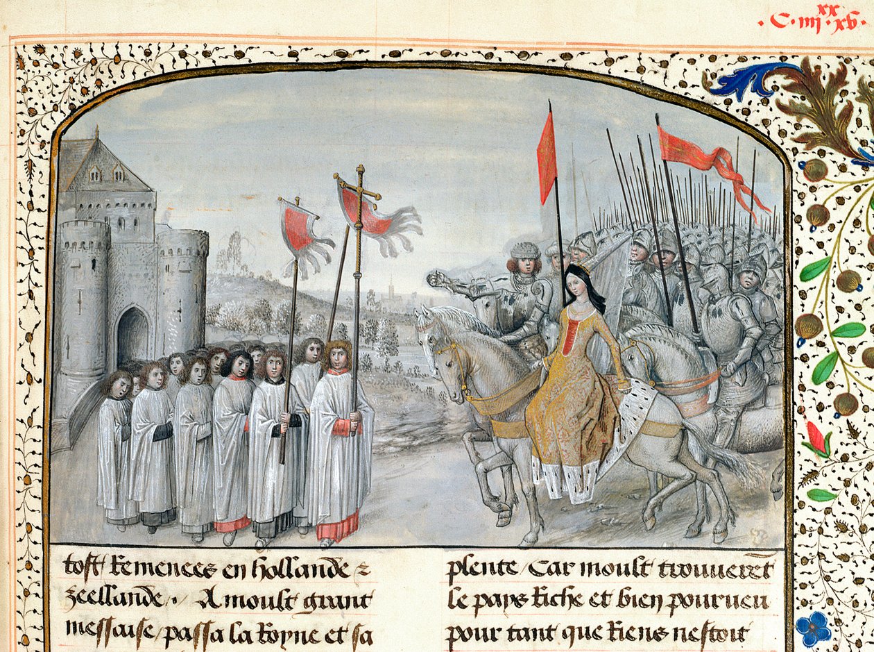 Ms 659 f.195. Izabella francia királynőt (1292-1358) és fiát, III. Edwardot (1312-77) Oxfordban fogadják 1326-ban, 1477-ben alkotó: Master of Mary of Burgundy