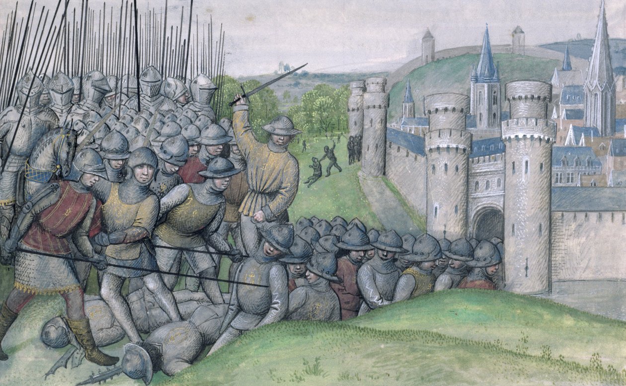 Ms 659 f.282r Lajos, Flandria grófja és Brugge városa vereséget szenved Filips van Artefelde és a genti nép ellen a bevenhoutsfeldi csatában 1382-ben, 1477-ben. alkotó: Master of Mary of Burgundy