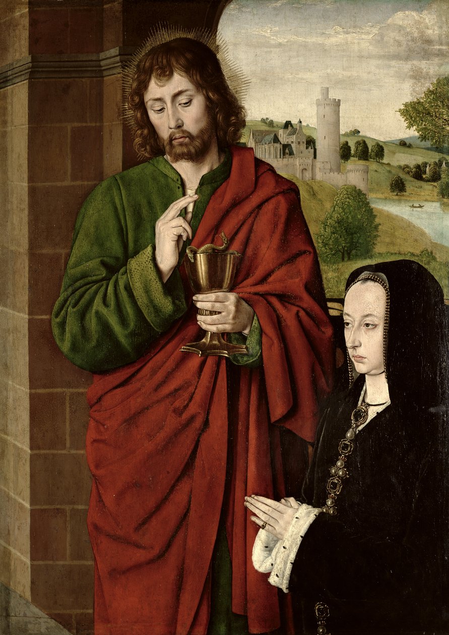 Francia Anna (1462-1522) Beaujeu-i hölgy, Bourbon hercegnéje, Szent János evangélista ajándékozta, triptichon jobb oldali szárnya, 1492-93 körül (tábla a táblán). alkotó: Master of Moulins
