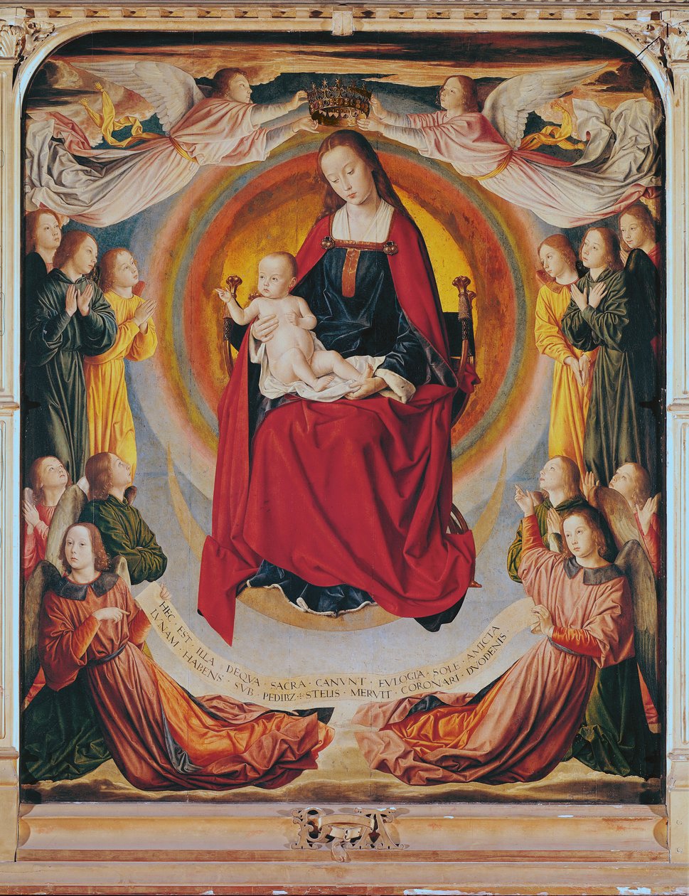 Szűz koronázása, középső panel a Bourbon-oltárból, 1498 körül alkotó: Master of Moulins