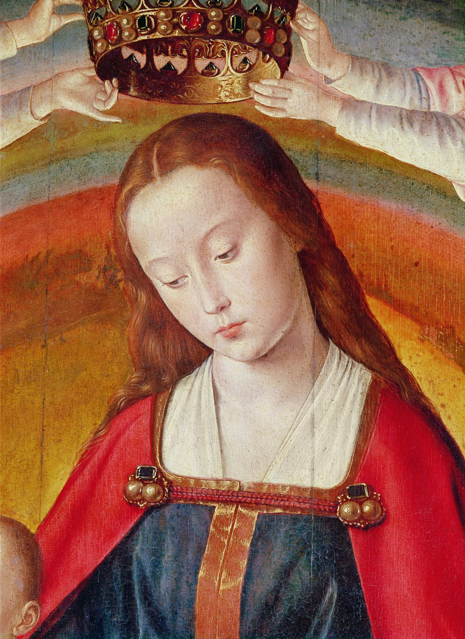 Szűz Mária koronájával, a Szűz Koronázásának részlete, a Bourbon-oltár középső táblája, 1498 körül (57630 részlet) alkotó: Master of Moulins
