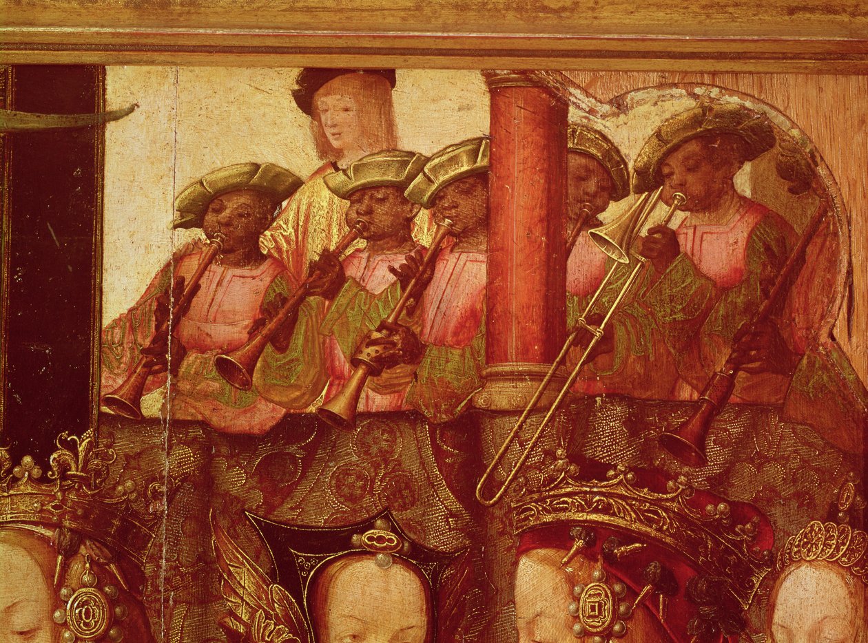 Szent Orsolya és Etherius herceg eljegyzése, részlet a fekete zenészekről, 1520 körül alkotó: Master of Saint Auta