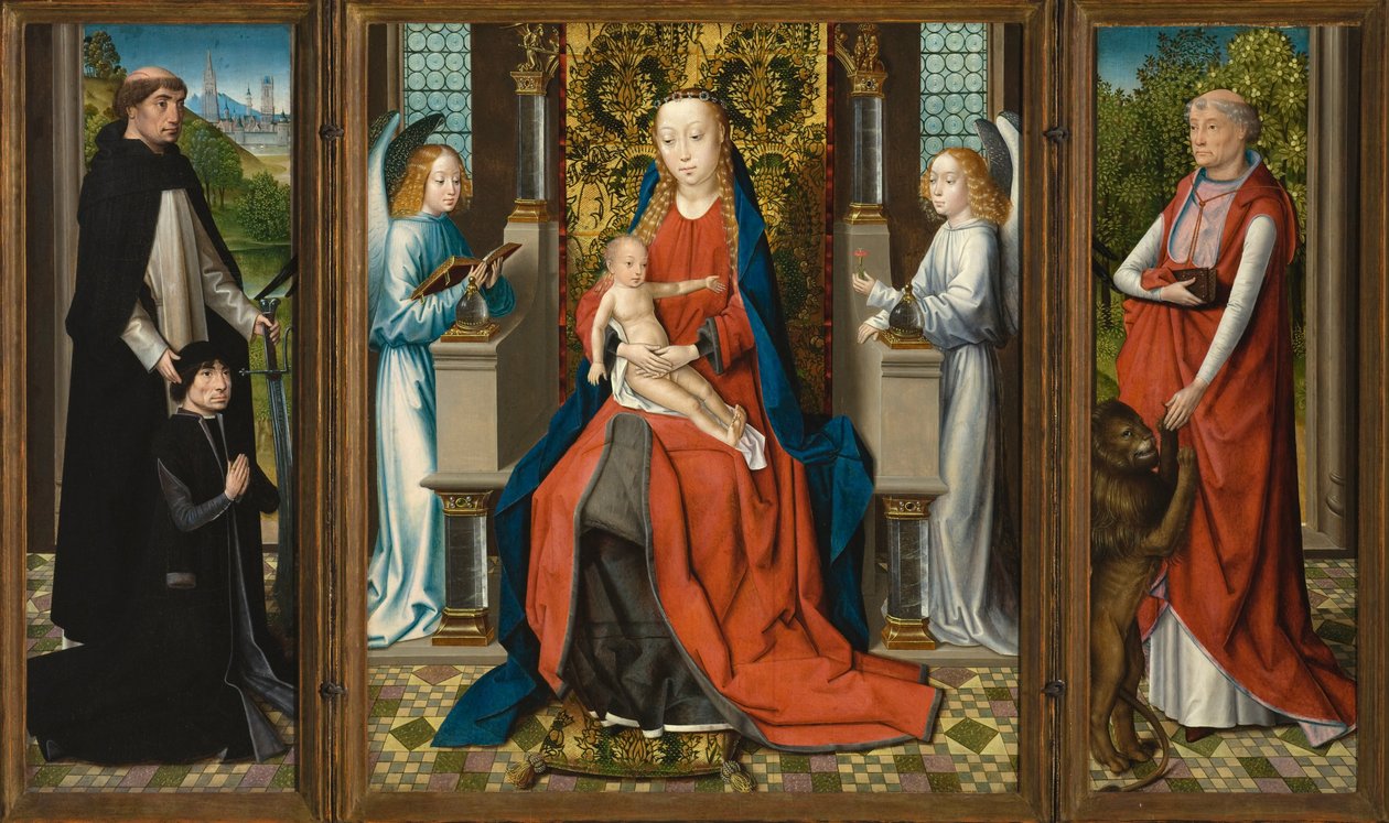 Madonna és gyermek angyalokkal triptichonja; Adományozó és védnöke Szent Péter vértanú; és Szent Jeromos alkotó: Master of The Legend of St. Lucy