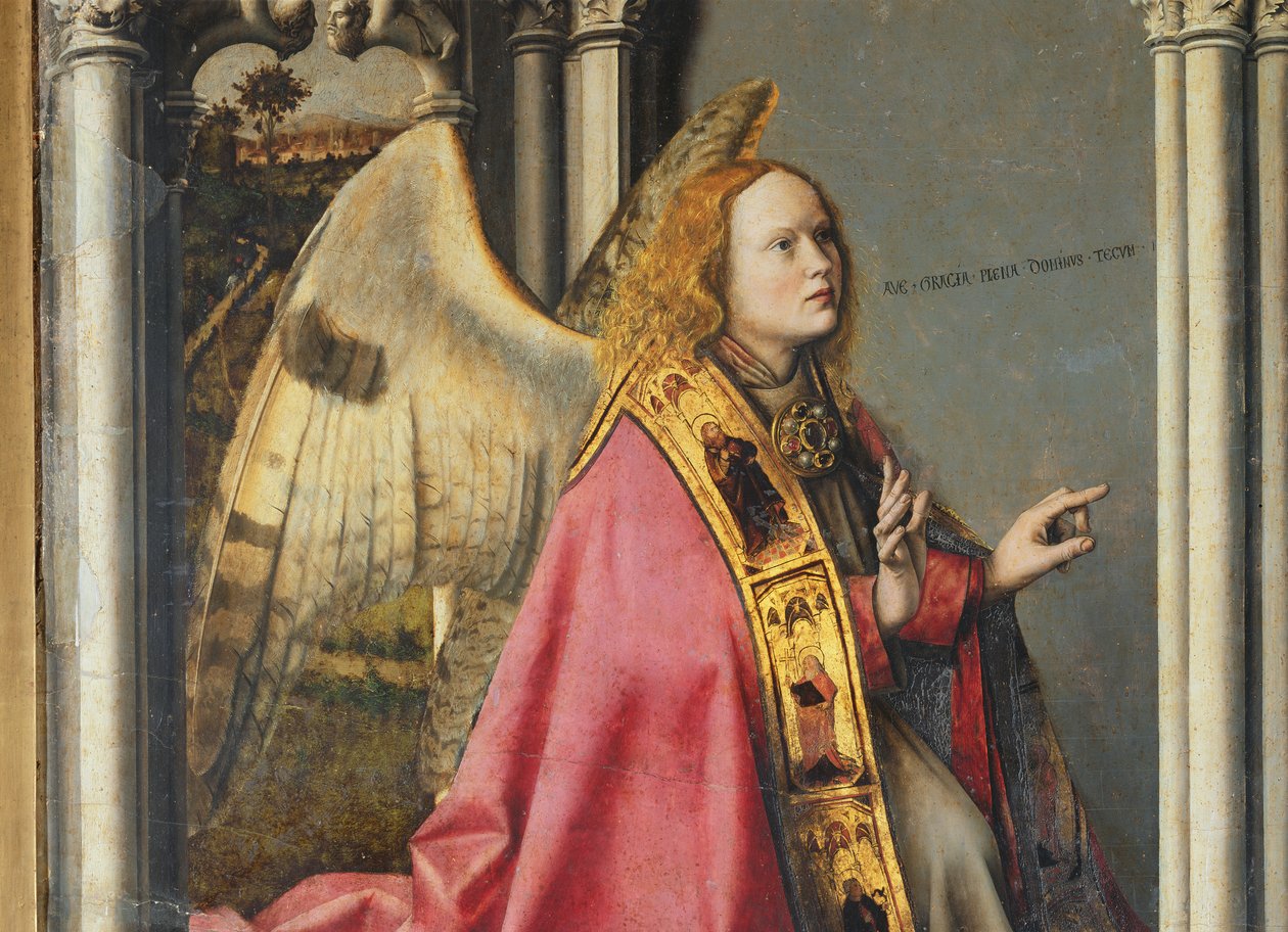 Az angyal, Gábriel, aki Angyali üdvözletet mond Szűz Máriának, 1445 körül (26541 részlete) alkotó: Master of the Aix Annunciation