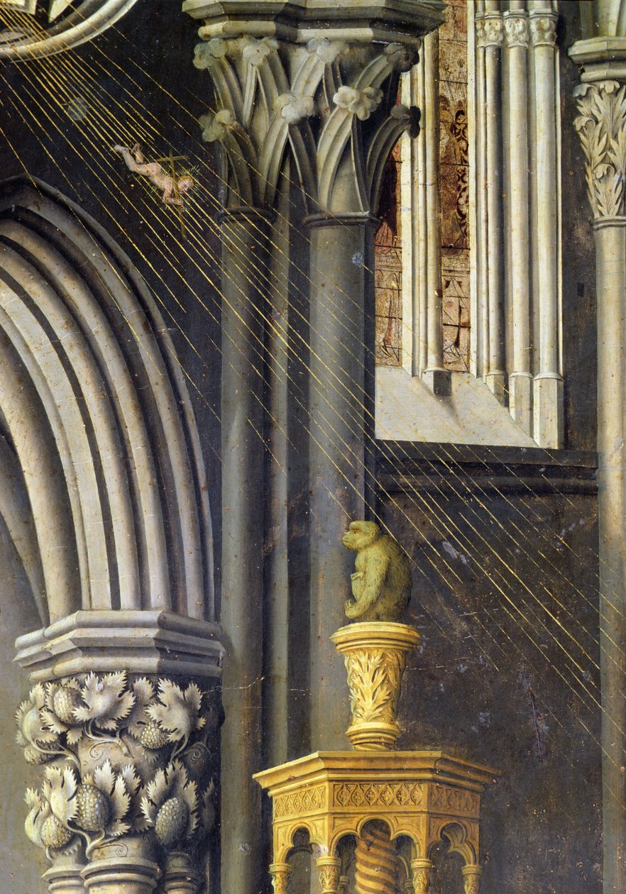 A kis Jézus egy fénysugárban esik le az Atyaistentől a mennyben. 1445 körül alkotó: Master of the Aix Annunciation