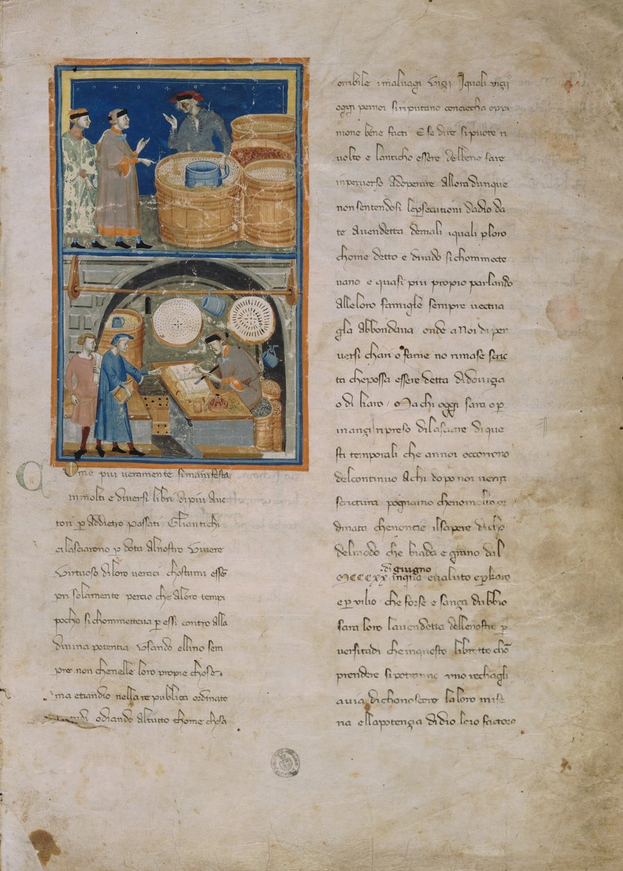 Egy olajbogyó-kereskedő a piacon és a boltjában alkotó: Master of the Biadaiolo Codex Master of the Biadaiolo Codex