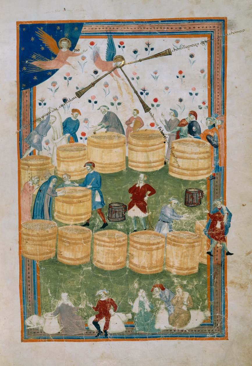 Gabonapiac Firenzében (Codice Tempi 3, c. 7), a Biadaiolo Codexből alkotó: Master of the Biadaiolo Codex Master of the Biadaiolo Codex