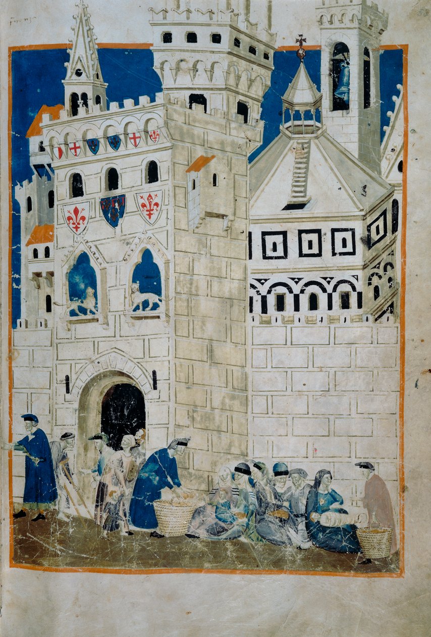Firenzében üdvözölték a sienai szegényeket (Codice Tempi 3, 58 körül), miniatűr a Biadaiolo-kódexből alkotó: Master of the Biadaiolo Codex Master of the Biadaiolo Codex