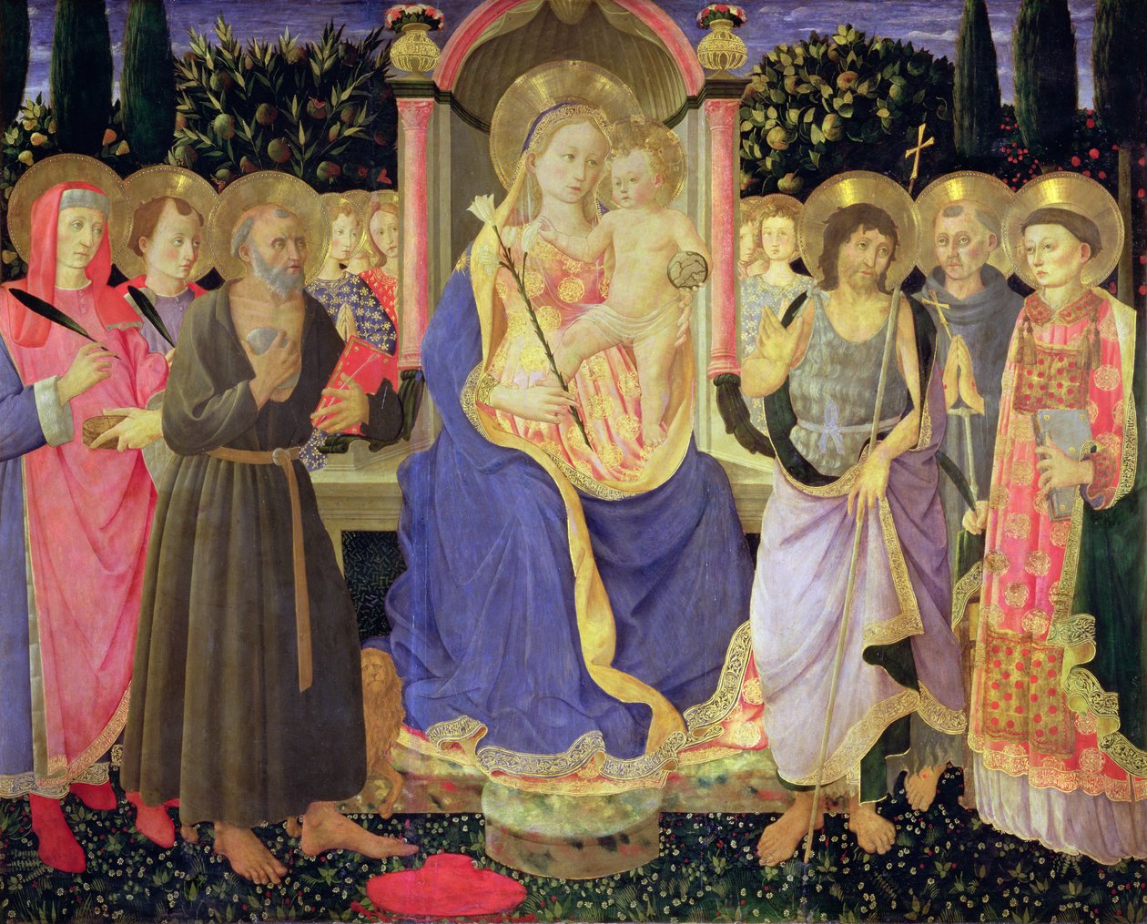 Madonna és a gyermek a szentekkel trónol (oltárkép) (panel) alkotó: Master of the Buckingham Palace Madonna