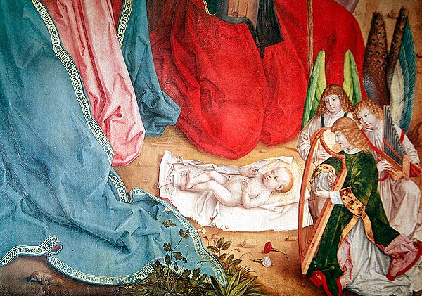 Részlet a Pásztorok imádásáról, a főoltári retabulától bal szélen, 1480 alkotó: Master of the Carnation