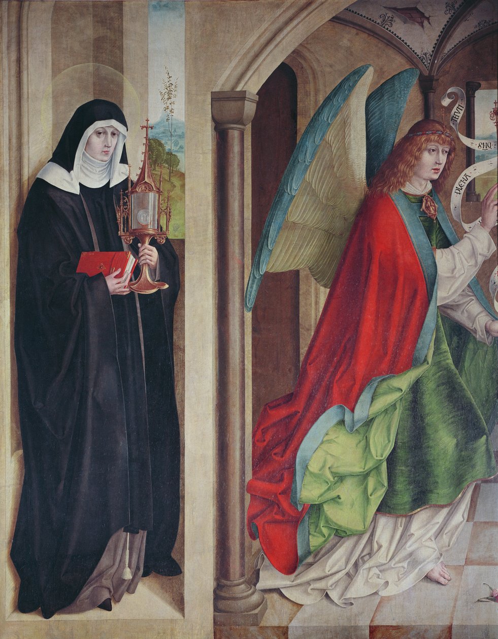 Az Annunciáció Assisi Szent Klárával, a retabla bal oldali zárt panelje, 1480 alkotó: Master of the Carnation