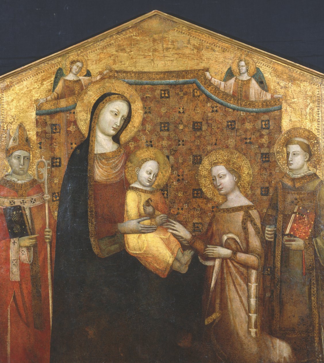 Alexandriai Szent Katalin misztikus házassága Zenobióval és Leonárddal (tempera a panelen) alkotó: Master of the Christchurch Coronation