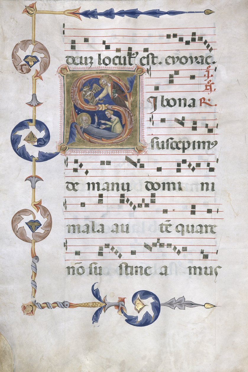Ms 564 f.13v oldal történelmi „S” betűvel, amely Jób állandóságát ábrázolja, 14. század eleje alkotó: Master of the Dominican Effigies