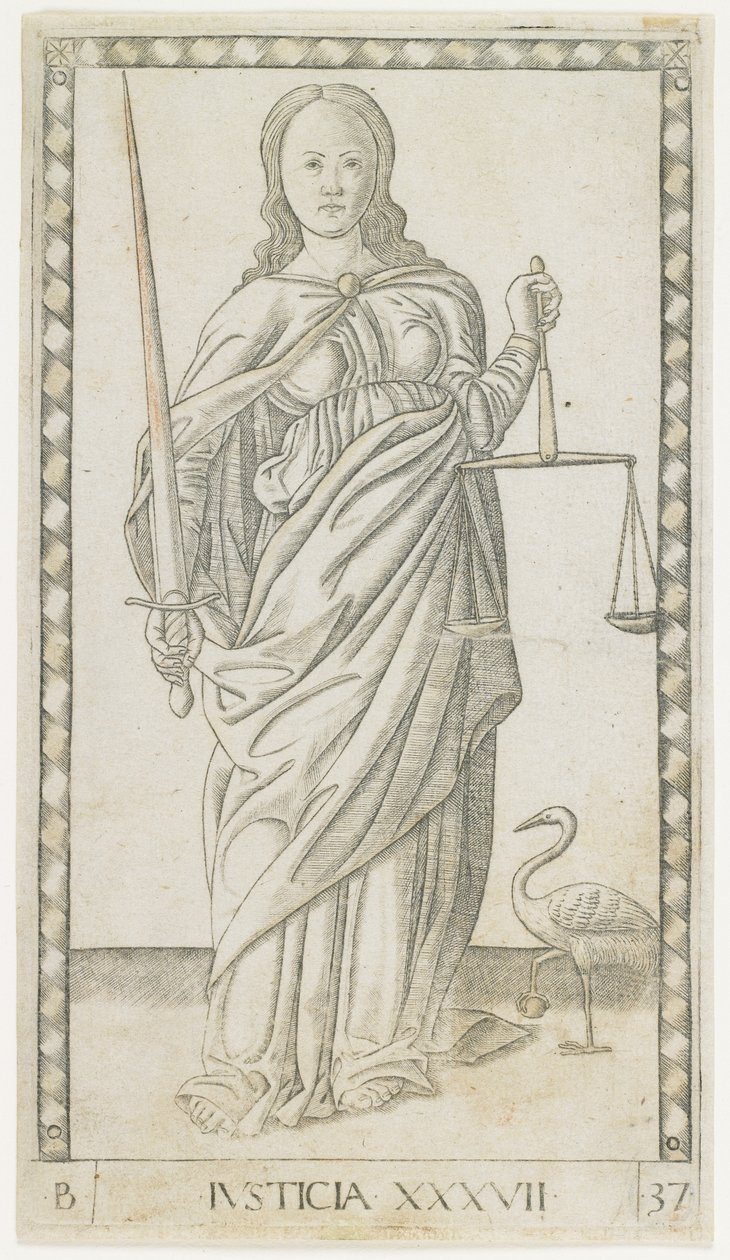 Justice, 1465 körül (arannyal megerősített metszet) alkotó: Master of the E Series Tarocchi Master of the E Series Tarocchi