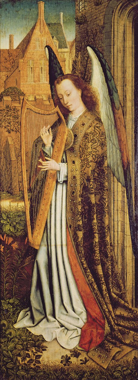 A Szűz és a Gyermek angyalokkal, jobb oldali tábla egy angyal-zenészt ábrázol alkotó: Master of the Embroidered Foliage