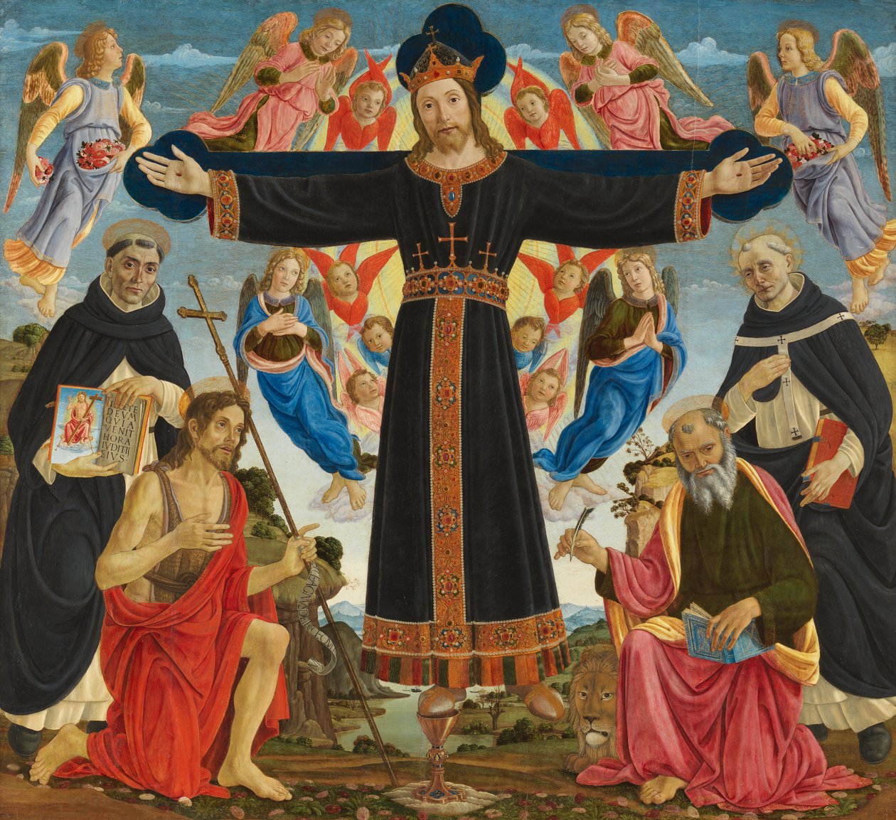 Krisztus a kereszten Vincent Ferre, Keresztelő Szent János, Márk és Antonius szentekkel, 1491-5 körül (tempera és olaj, tábla) alkotó: Master of the Fiesole Epiphany