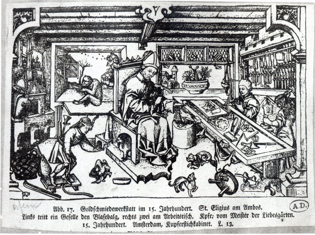 Szent Eligius (kb.588-660) ötvösként a műhelyében, 1450 körül alkotó: Master of the Gardens of Love
