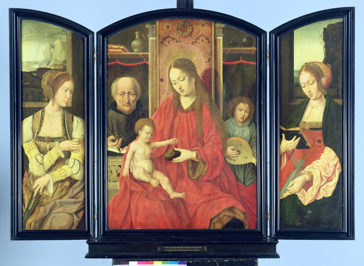 A Szent Család Szent Katalinnal és Szent Borbálával, triptichon (tempera a panelen) alkotó: Master of the Holy Blood