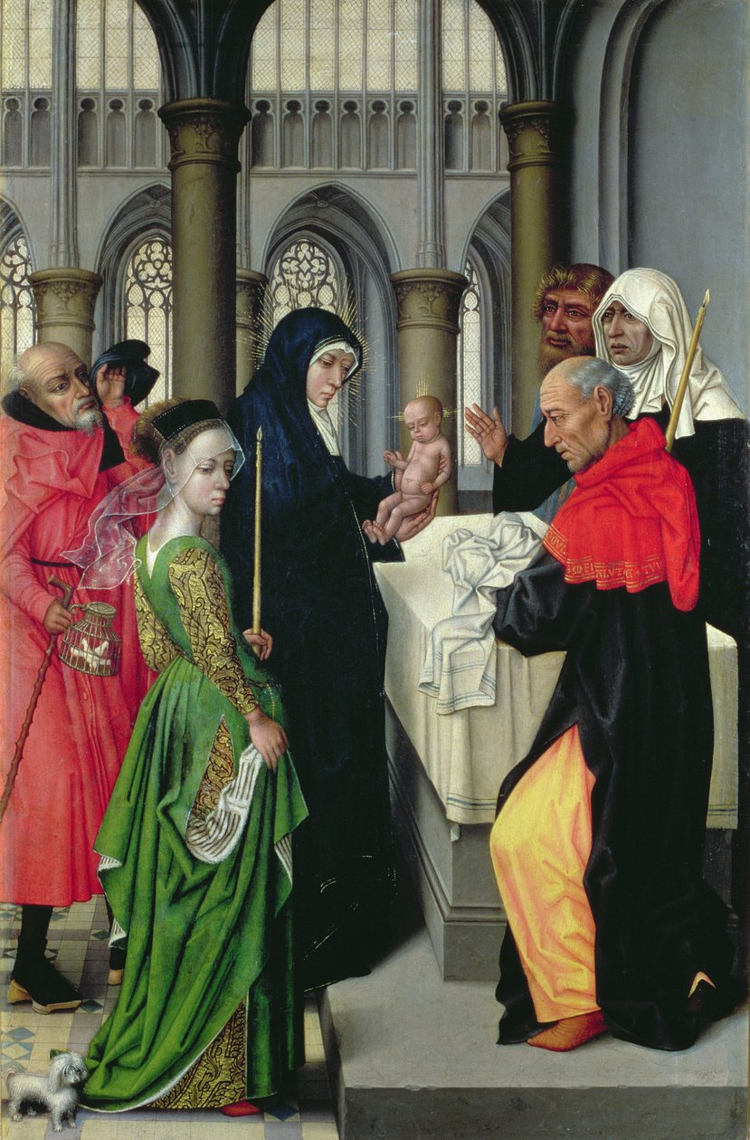 Bemutató a templomban, egy diptichon bal oldali panelje alkotó: Master of the Legend of St. Catherine