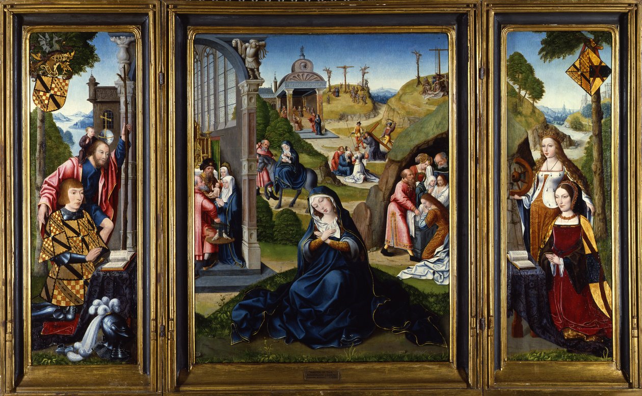 Mária hét fájdalmának Ashwellthorpe-triptichonja, amely a Szűzanya életének jeleneteit ábrázolja, oldallapjai két donort ábrázolnak SS-sel. Katalin és Kristóf, 1520 körül alkotó: Master of the Legend of the Magdalen