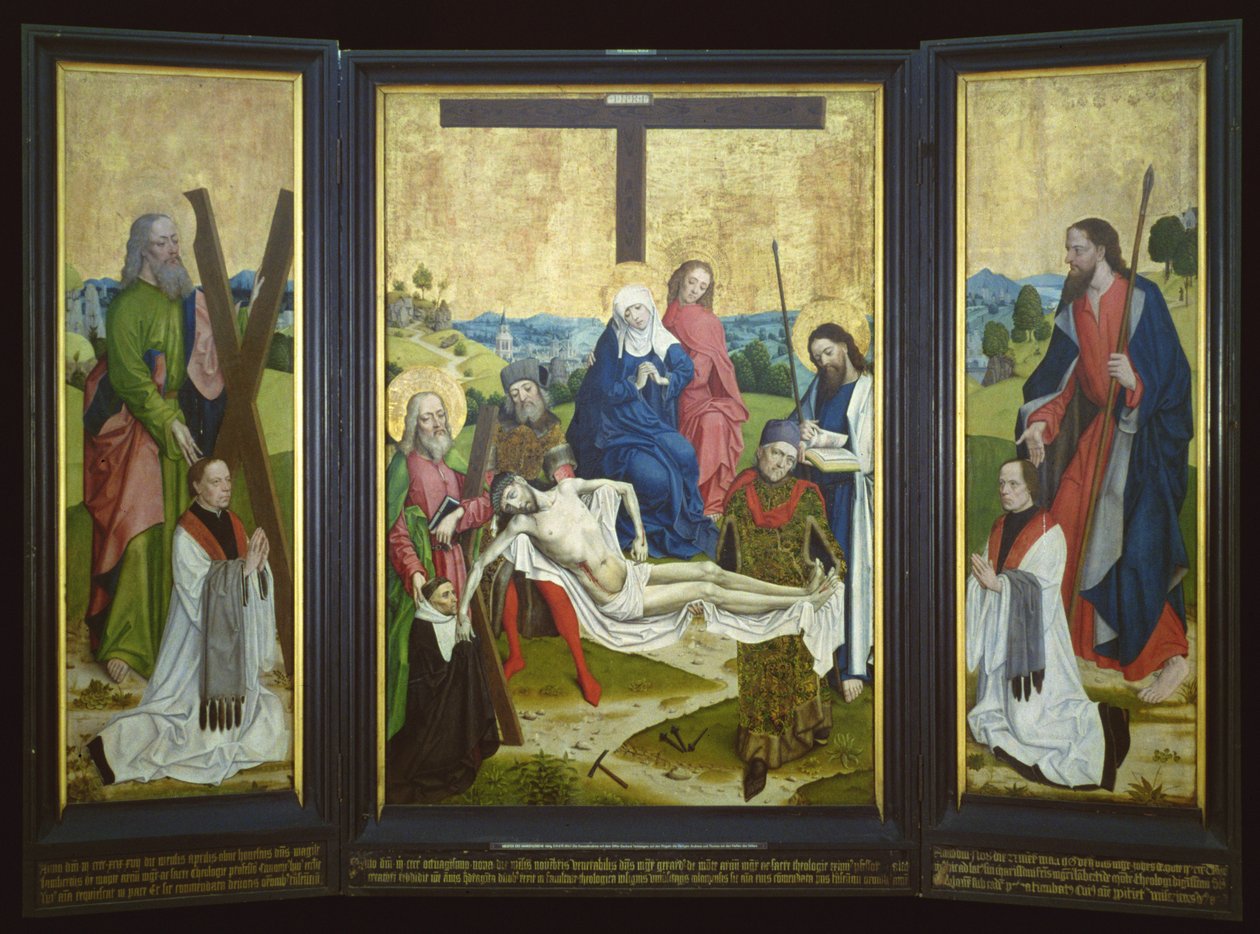 Oltárkép pietával és adományozókkal a középső panelen; Szent András és Szent János az oldaltáblán, 1480-90 körül (tölgy) alkotó: Master of the Life of Virgin Mary
