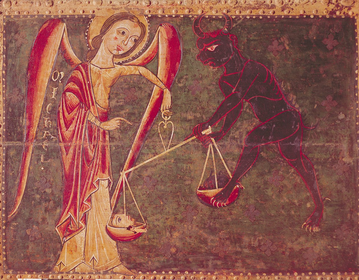 Szent Mihály lelkek súlya, Mihály arkangyalnak szentelt oltárképről, 1200 körül (tempera a táblán) alkotó: Master of the Llusanes