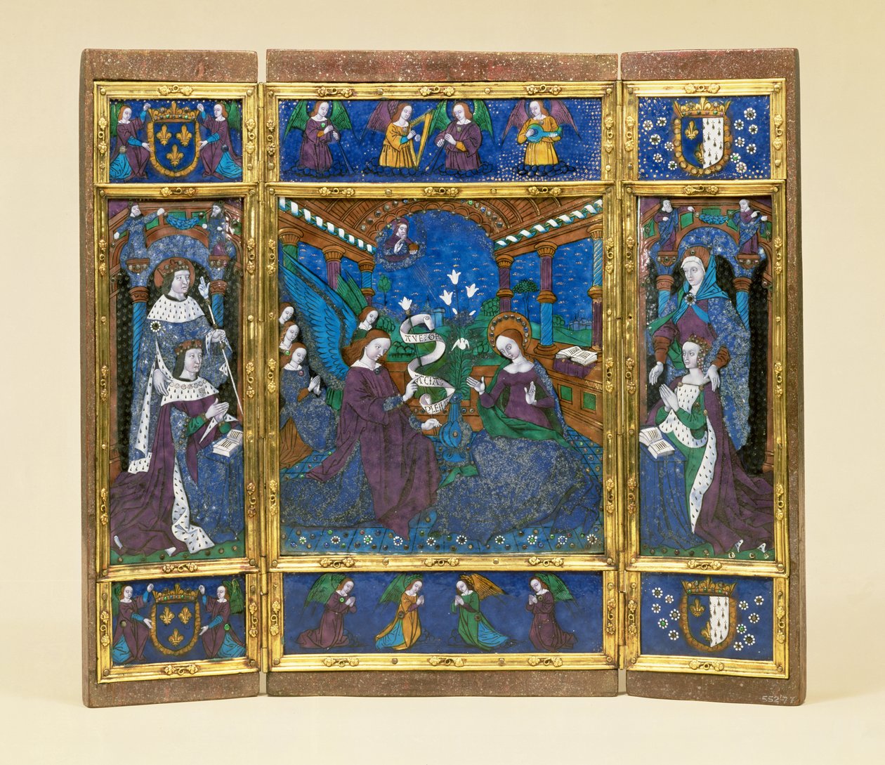 XII. Lajos (1462-1515) és Anne de Bretagne (1477-1514) triptichonja az Angyali üdvözlet jelenetével között (zománc a panelen) alkotó: Master of the Louis XII Triptych