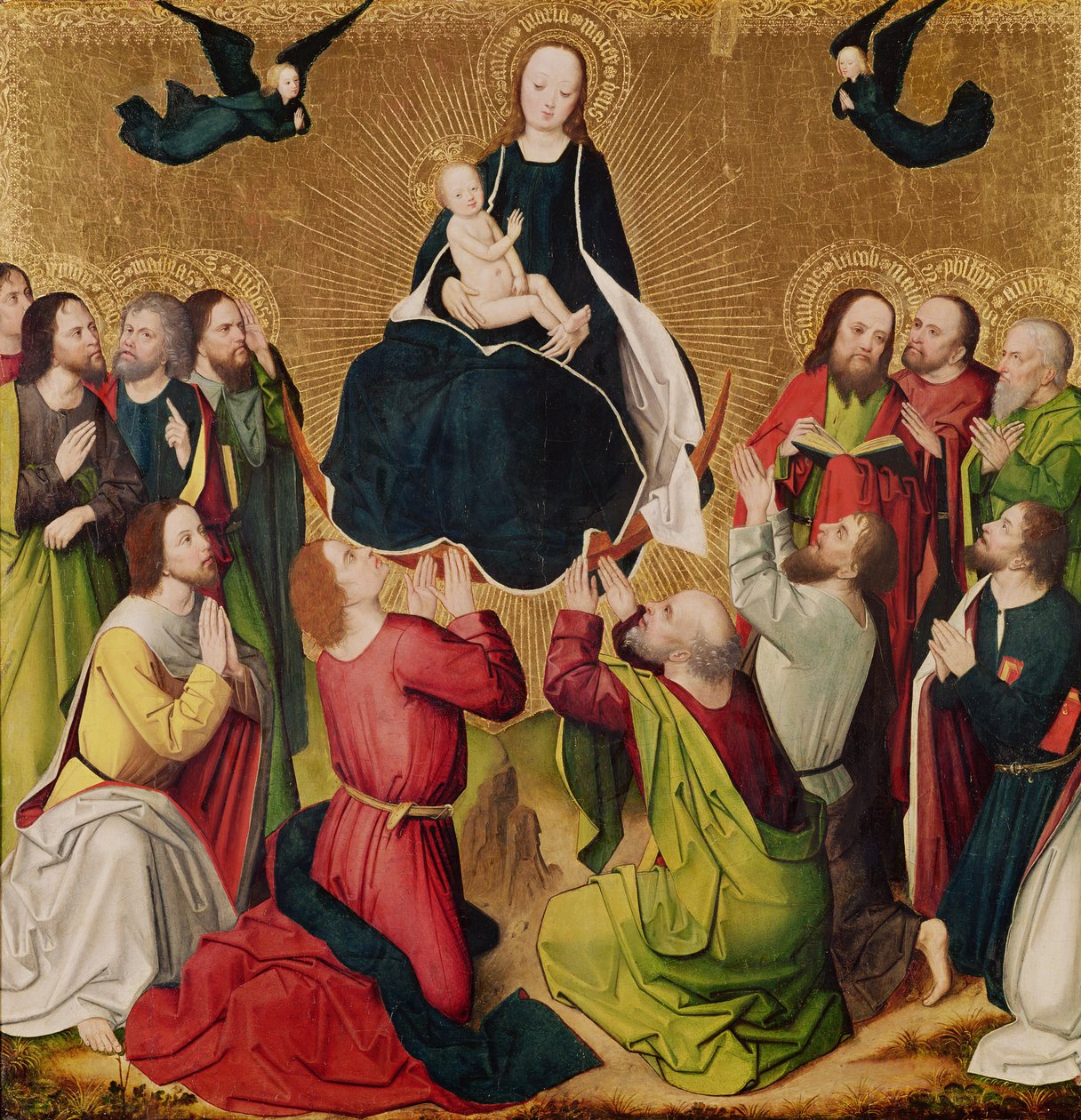 A dicsőséges Szűzanya az apostolokkal, triptichon középső táblája, 15. század vége (tábla) alkotó: Master of the Lyversberg Passion