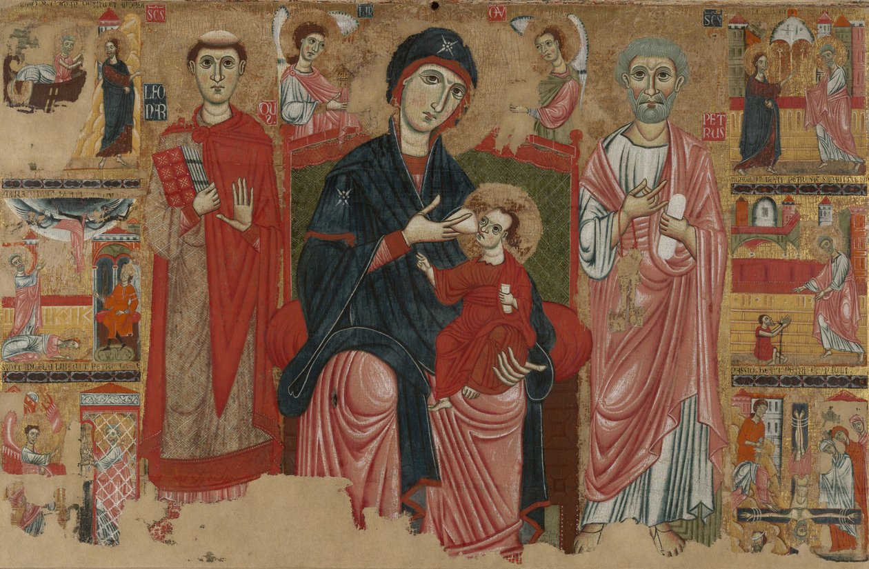 Szűz és gyermek trónoló Szent Leonárddal és Péterrel és Jelenetek Szent Péter életéből, rnc.1280 (tempera a panelen) alkotó: Master of the Magdalen