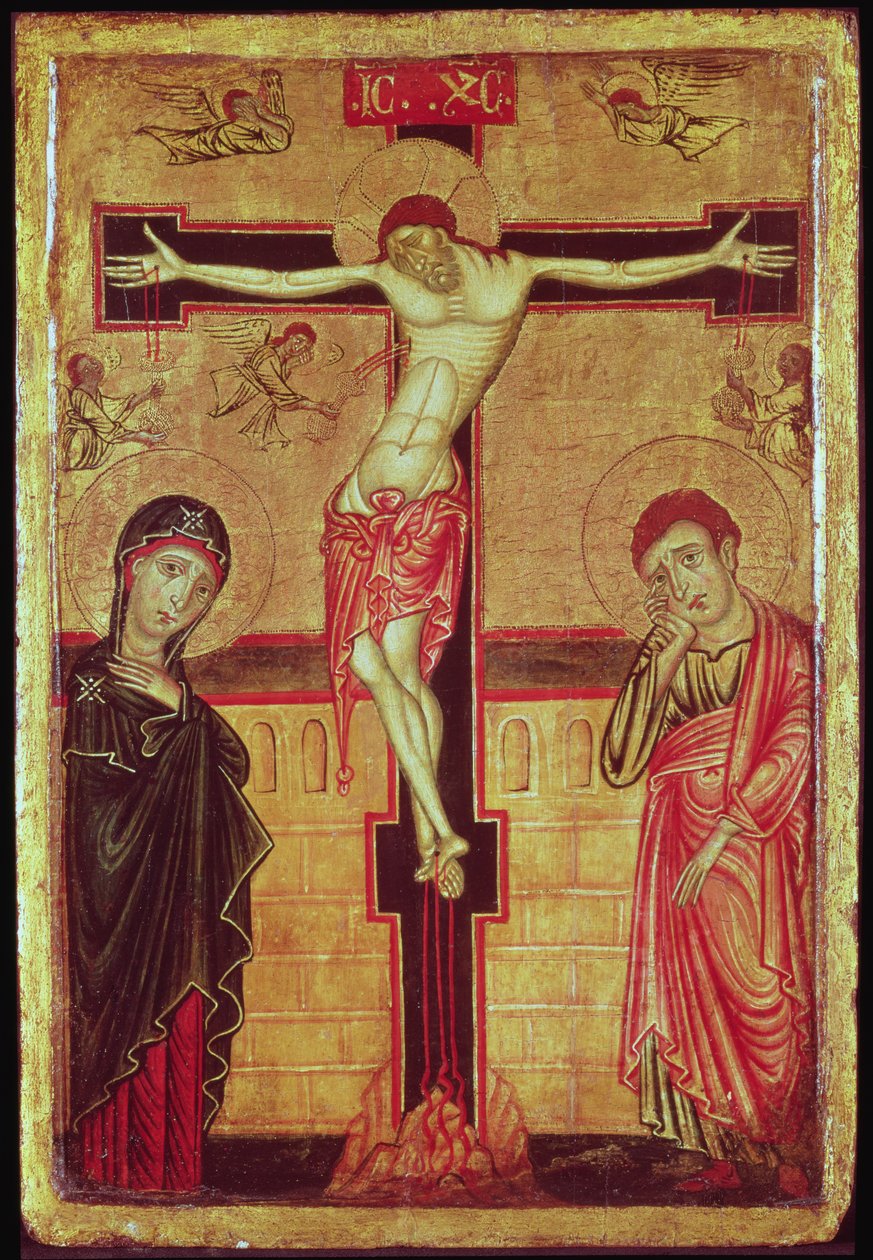 Krisztus a kereszten, Szűz Máriával, Szent János evangélistával és öt angyallal (tempera a panelen) alkotó: Master of the Magdalene Altarpiece